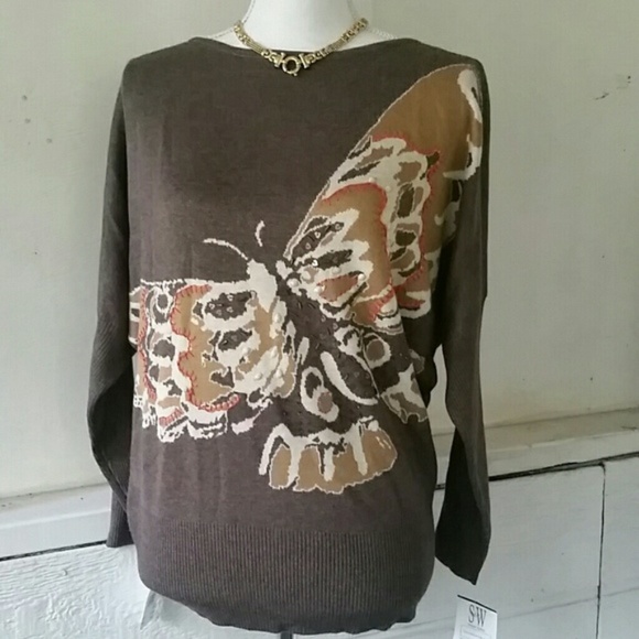Cristina taupe beaded butterfly sweater L/XL NWT